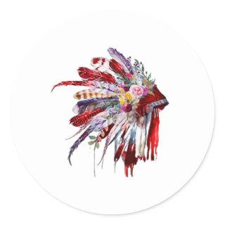 Native american indian flowers featehrs silhoutte classic round sticker