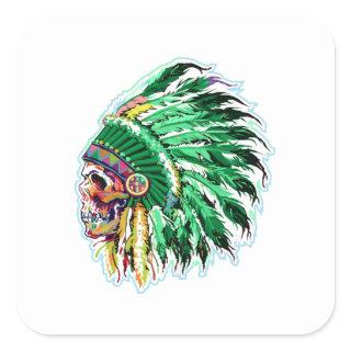 Native american indian green featehrs silhoutte square sticker