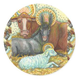 NATIVITY ANIMALS IN STABLE, OX, DONKEY & SHEEP CLASSIC ROUND STICKER