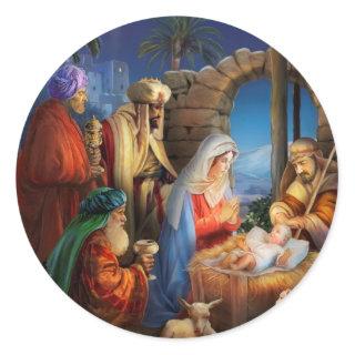 Nativity holiday scene classic round sticker