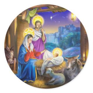 Nativity of Jesus with Josef and Mary, cows, donky Classic Round Sticker