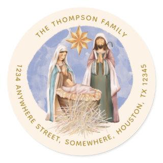 Nativity Return Name Address Gold Text Cream Classic Round Sticker