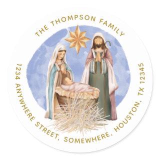 Nativity Return Name Address Gold Text White Classic Round Sticker