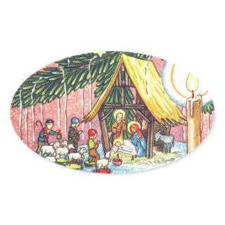 Nativity Under the Christmas Tree Oval Sticker