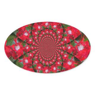Natural Red Flower White Feather Kaleidoscope Art Oval Sticker