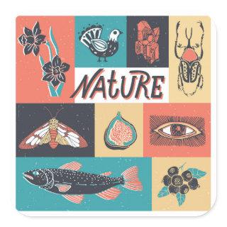 Nature Elements, Retro Style Icons. Square Sticker