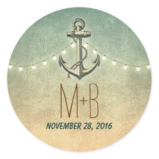 nautical anchor and wedding lights classic round sticker
