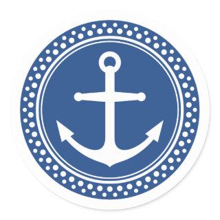 Nautical anchor, blue background with dot border classic round sticker