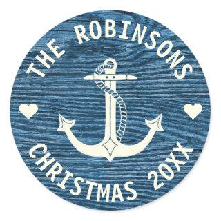 Nautical Anchor Blue Rustic Family Name Christmas Classic Round Sticker
