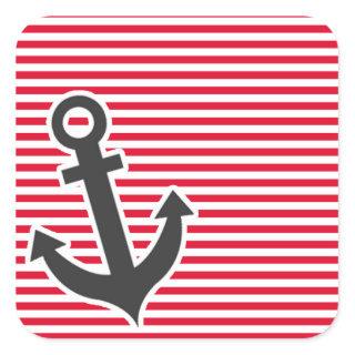 Nautical Anchor; Cadmium Red Stripes; Striped Square Sticker