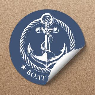 Nautical Anchor Logo Navy Blue Boat Name Classic Round Sticker