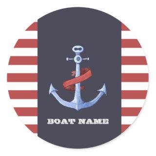 Nautical Anchor,Navy Blue,Red Stripes Classic Round Sticker