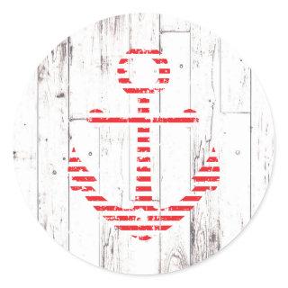 Nautical Anchor Red Stripes White Wood Party Classic Round Sticker