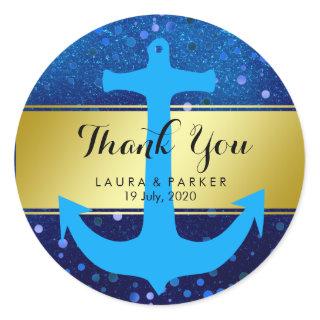Nautical Anchor Thank You Wedding Blue Confetti Classic Round Sticker