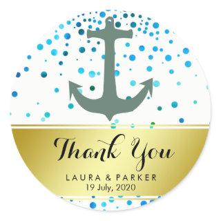 Nautical Anchor Thank You Wedding Blue Confetti Classic Round Sticker