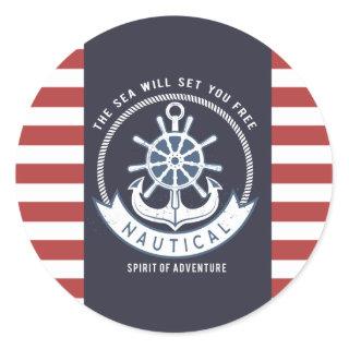 Nautical Anchor,Wheel, Navy Blue,Red Stripes Classic Round Sticker