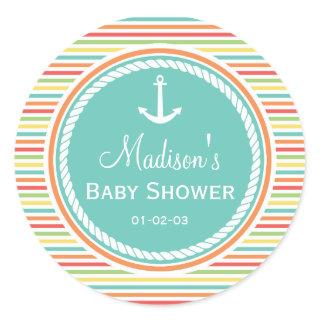 Nautical Baby Shower, Bright Rainbow Stripes Classic Round Sticker