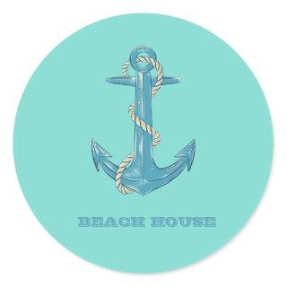 Nautical Beach House,Anchor,Rope,Mint Green Classic Round Sticker