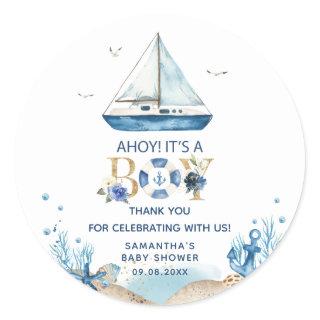 Nautical Blue Boat Ahoy It's a Boy Baby Shower Classic Round Sticker