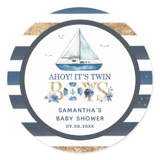 Nautical Blue Boat Ahoy It's Twin Boys Favor Classic Round Sticker