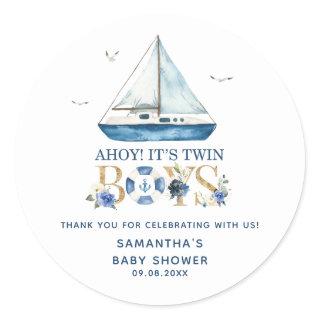 Nautical Blue Boat Ahoy It's Twin Boys Favors Classic Round Sticker