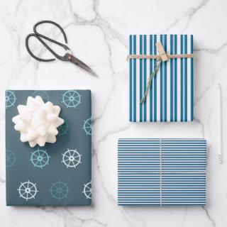 Nautical Blue Boat Wheels / White And Blue Stripes  Sheets