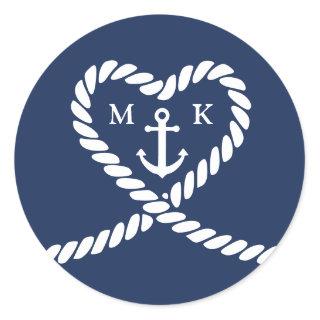 Nautical Blue Rope Heart Anchor Monogram Wedding  Classic Round Sticker