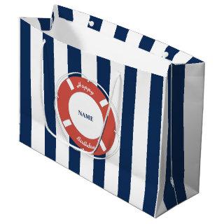 Nautical Blue Striped Custom Name Birthday   Large Gift Bag