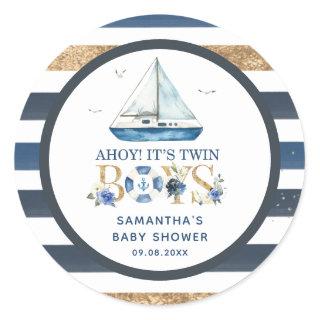 Nautical Boat Ahoy It's Twin Boys Shower Favor Classic Round Sticker