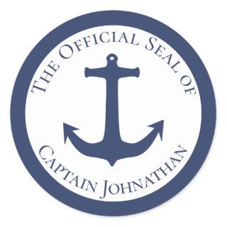 Nautical Boat Anchor Custom Captain Name Classic Round Sticker