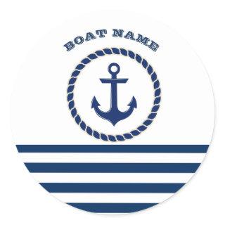 Nautical Boat Name,Anchor Navy Blue Striped Classic Round Sticker