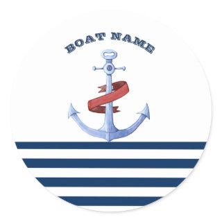 Nautical Boat Name,Blue Anchor Navy Blue Striped Classic Round Sticker