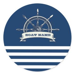 Nautical Boat Wheel, Navy Blue Stripes Classic Round Sticker
