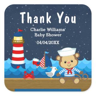 Nautical Boy Monkey Red Baby Shower Thank You Square Sticker