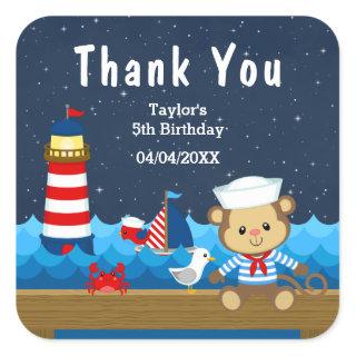 Nautical Boy Monkey Red Birthday Party Thank You Square Sticker