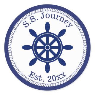 Nautical Captain's Wheel Add Boat Name Classic Round Sticker