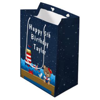 Nautical Girl Bear Red and Navy Happy Birthday Medium Gift Bag