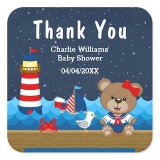 Nautical Girl Bear Red Baby Shower Thank You Square Sticker