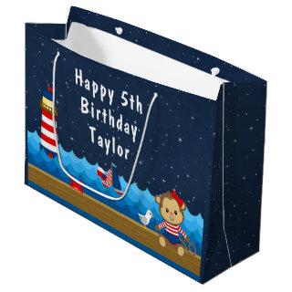 Nautical Girl Monkey Red and Navy Happy Birthday Large Gift Bag