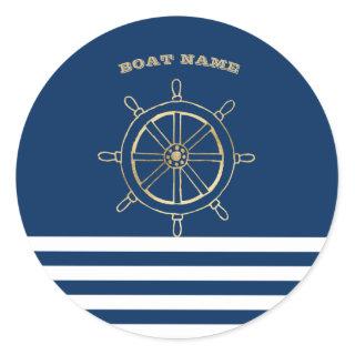 Nautical,Gold Boat Wheel, Navy Blue Stripes Classic Round Sticker