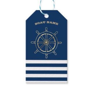 Nautical,Gold Boat Wheel, Navy Blue Stripes  Gift Tags
