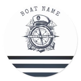 Nautical Hat, Anchor,Wheel Navy Blue Striped     Classic Round Sticker