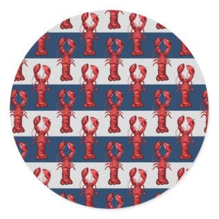 Nautical Lobsters on Navy Blue and Gray Stripes Classic Round Sticker