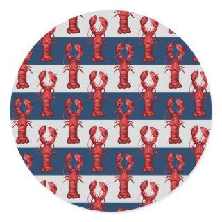 Nautical Lobsters on Navy Blue and Gray Stripes Classic Round Sticker