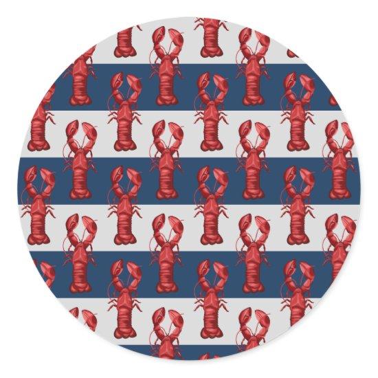 Nautical Lobsters on Navy Blue and Gray Stripes Classic Round Sticker