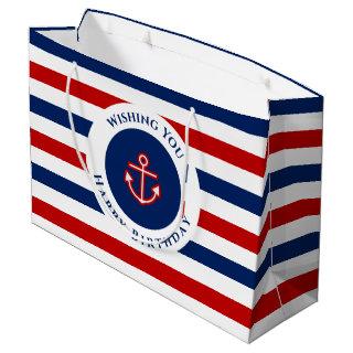 Nautical Marine Navy Blue Red White Stripes Wishes Large Gift Bag