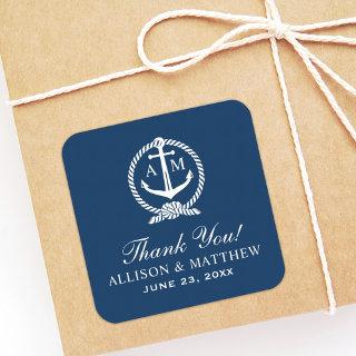 Nautical Navy Blue Anchor Wedding Monogram Square Sticker