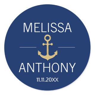 Nautical Navy Blue Gold Anchor White Wedding Classic Round Sticker