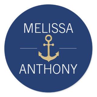 Nautical Navy Blue Gold Anchor White Wedding Classic Round Sticker