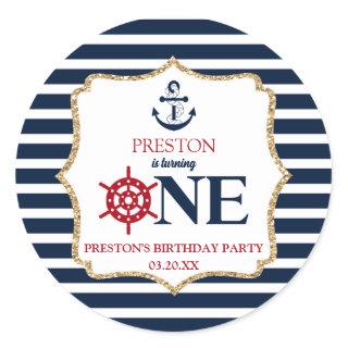 Nautical Navy Blue ONE First 1st Birthday Party Classic Round Sticker
